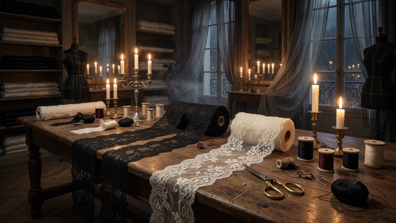 The conversion atelier with rolls of lace and silk