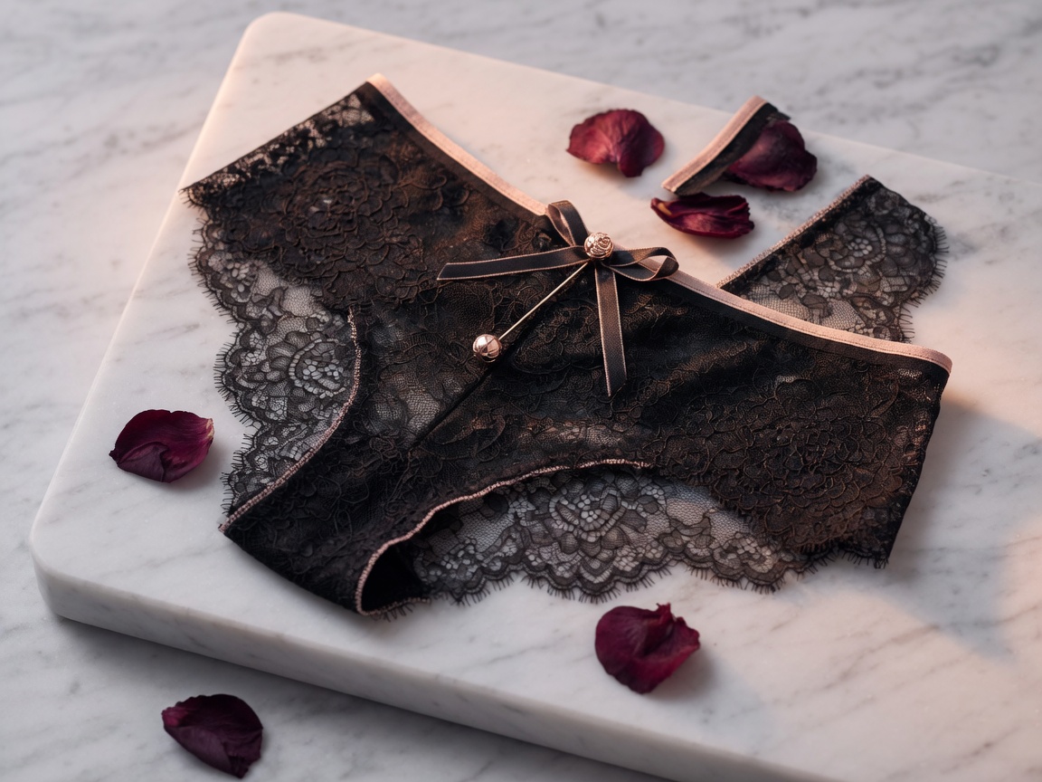A converted pair of black Chantilly lace panties displayed as an artifact